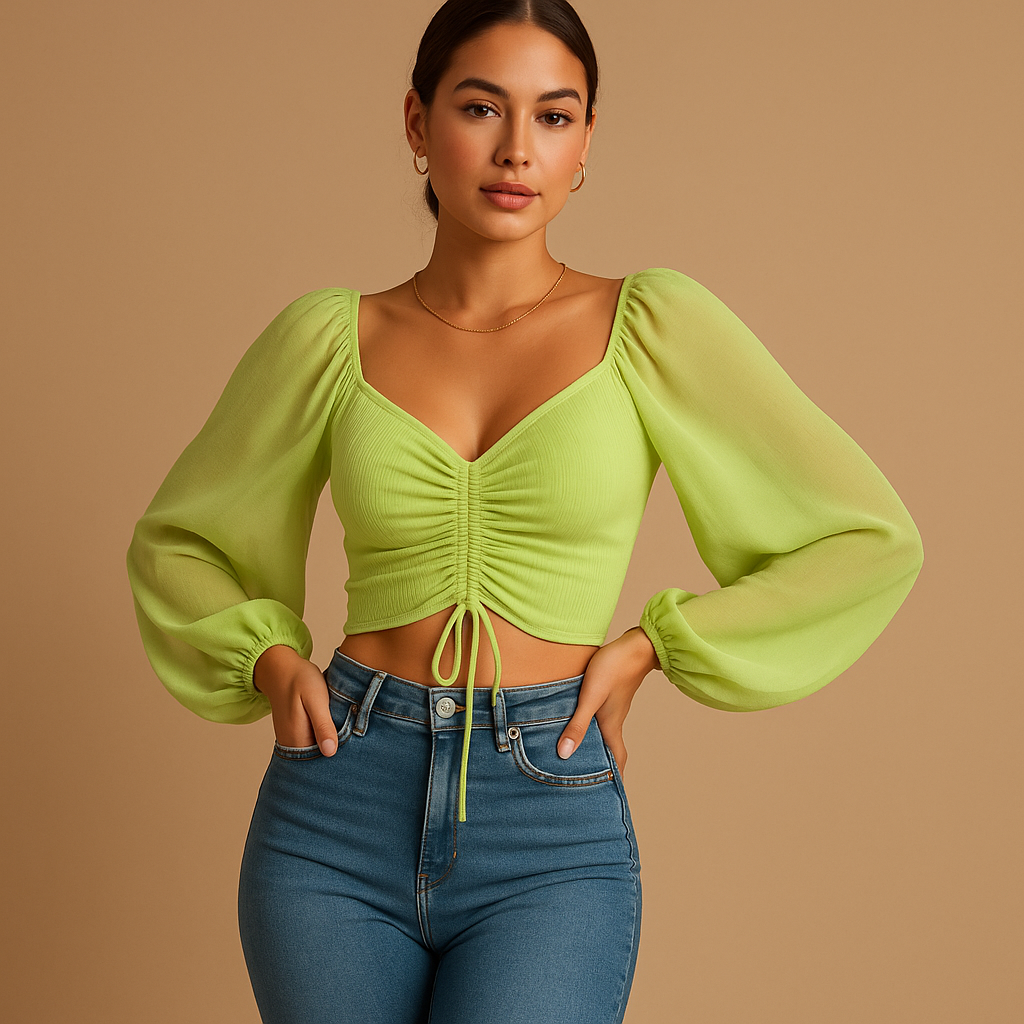 Women’s sweetheart neckline fitted blouse with drawstring detail, available in multiple colors, ideal for casual outfits or festive occasions.