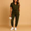 Tailored button jumpsuit for women with a slim fit, suitable for work, social occasions, and dinner outings.