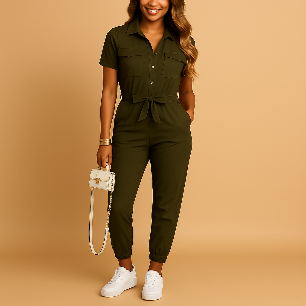 Tailored button jumpsuit for women with a slim fit, suitable for work, social occasions, and dinner outings.