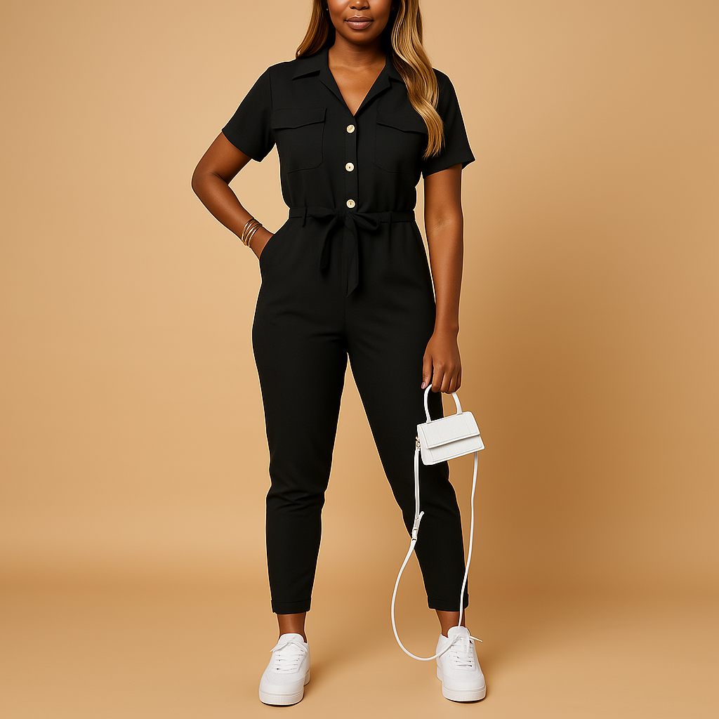 Tailored button jumpsuit for women with a slim fit, suitable for work, social occasions, and dinner outings.