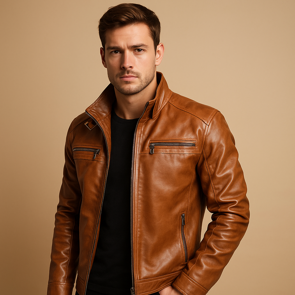Timeless biker jacket for men with zipper details, shoulder accents, and a tailored fit, suitable for everyday wear and motorcycle rides.