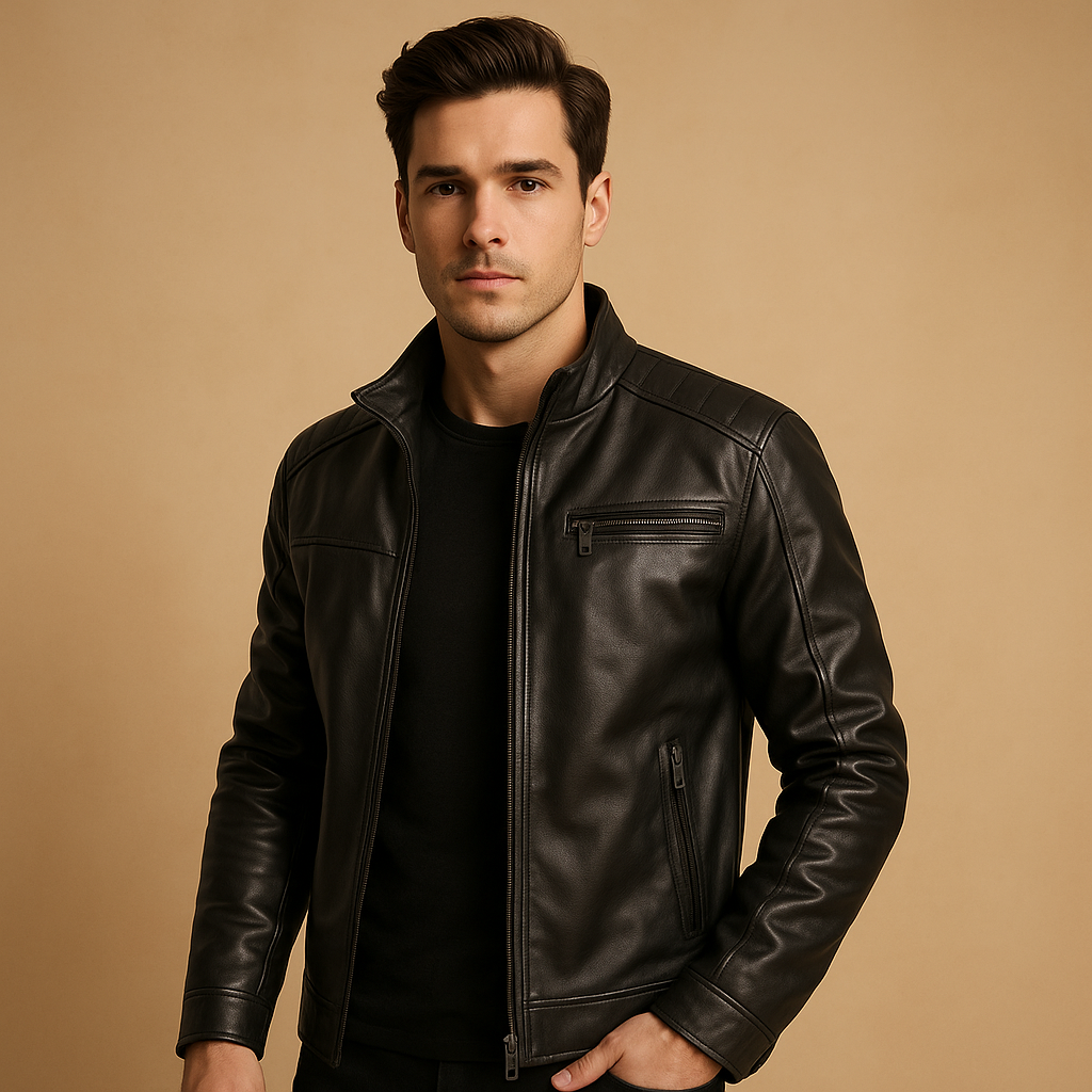 Timeless biker jacket for men with zipper details, shoulder accents, and a tailored fit, suitable for everyday wear and motorcycle rides.