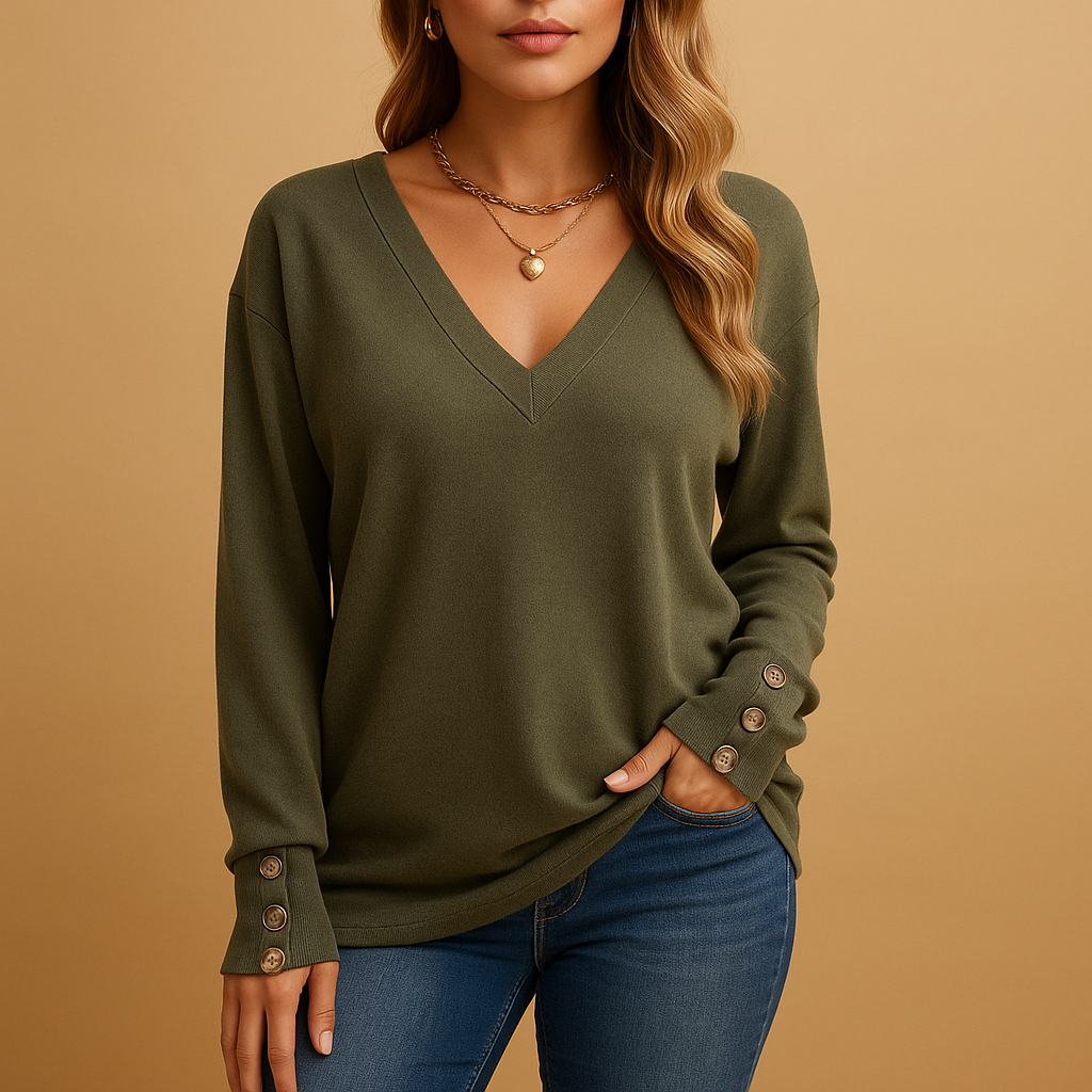 V-neck blouse for women with button details in black, white, red, green and dark blue, featuring a loose comfortable fit for office and everyday wear.