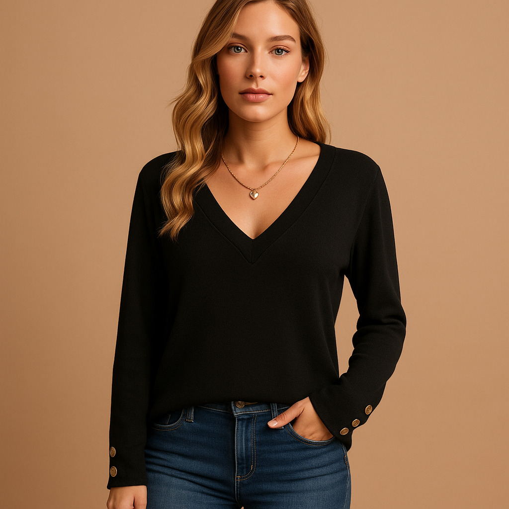 V-neck blouse for women with button details in black, white, red, green and dark blue, featuring a loose comfortable fit for office and everyday wear.