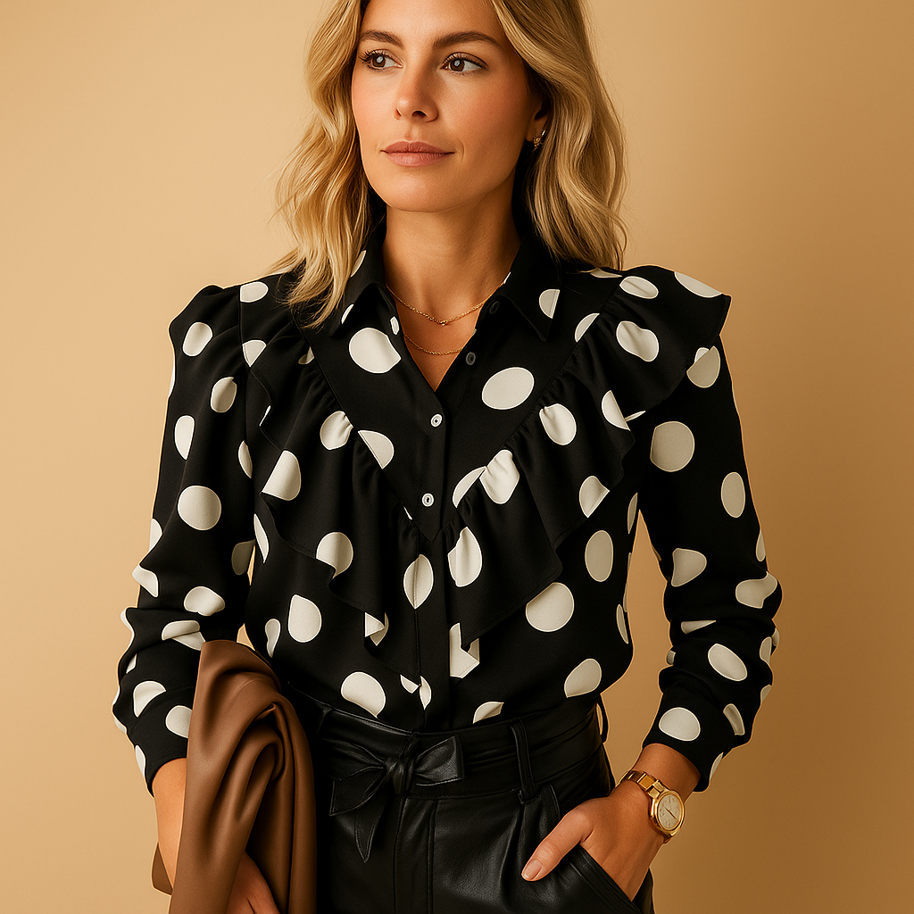 Women’s V-neck ruffle blouse with soft stretch fabric and lightly tailored fit, perfect for work, formal occasions, and chic everyday outfits.