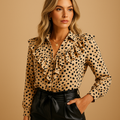 Women’s V-neck ruffle blouse with soft stretch fabric and lightly tailored fit, perfect for work, formal occasions, and chic everyday outfits.
