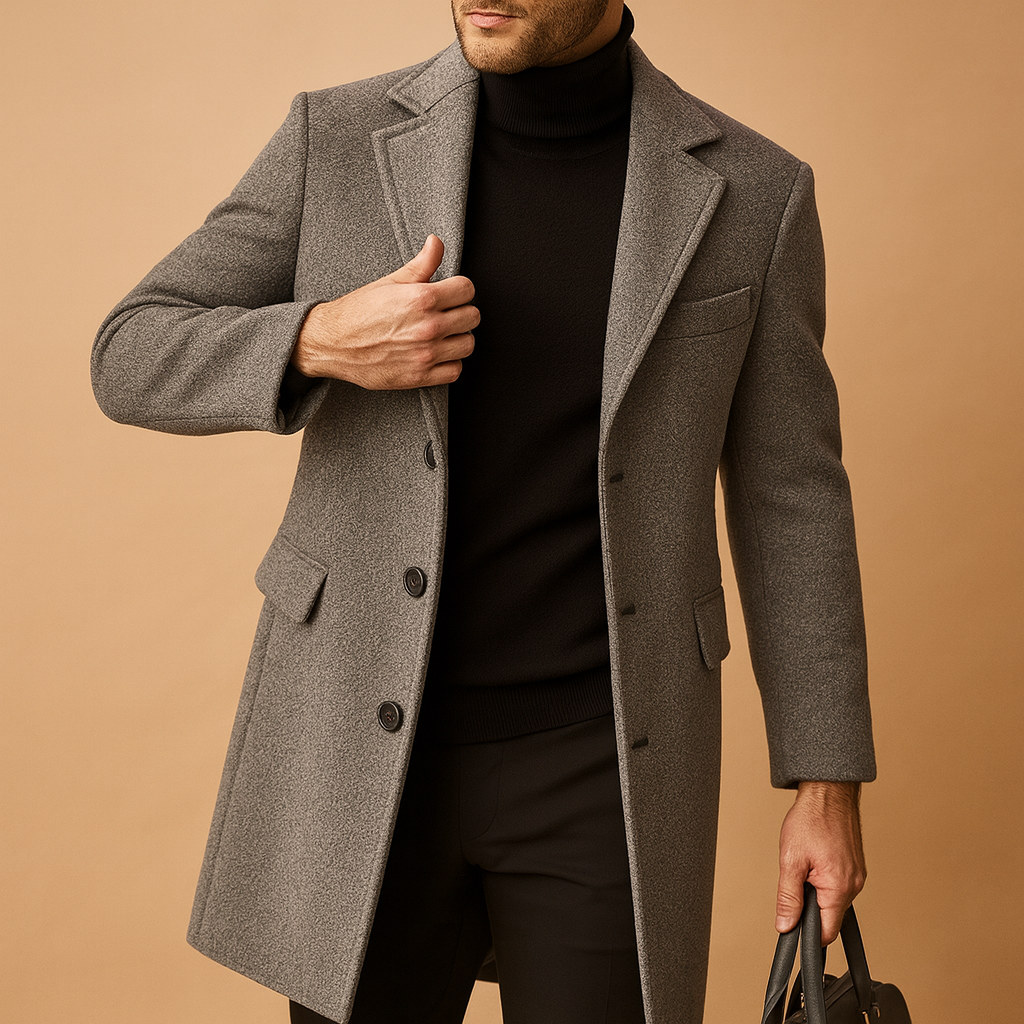 Warm overcoat for men with a relaxed fit and elegant design, offering insulating comfort for autumn and winter wear.