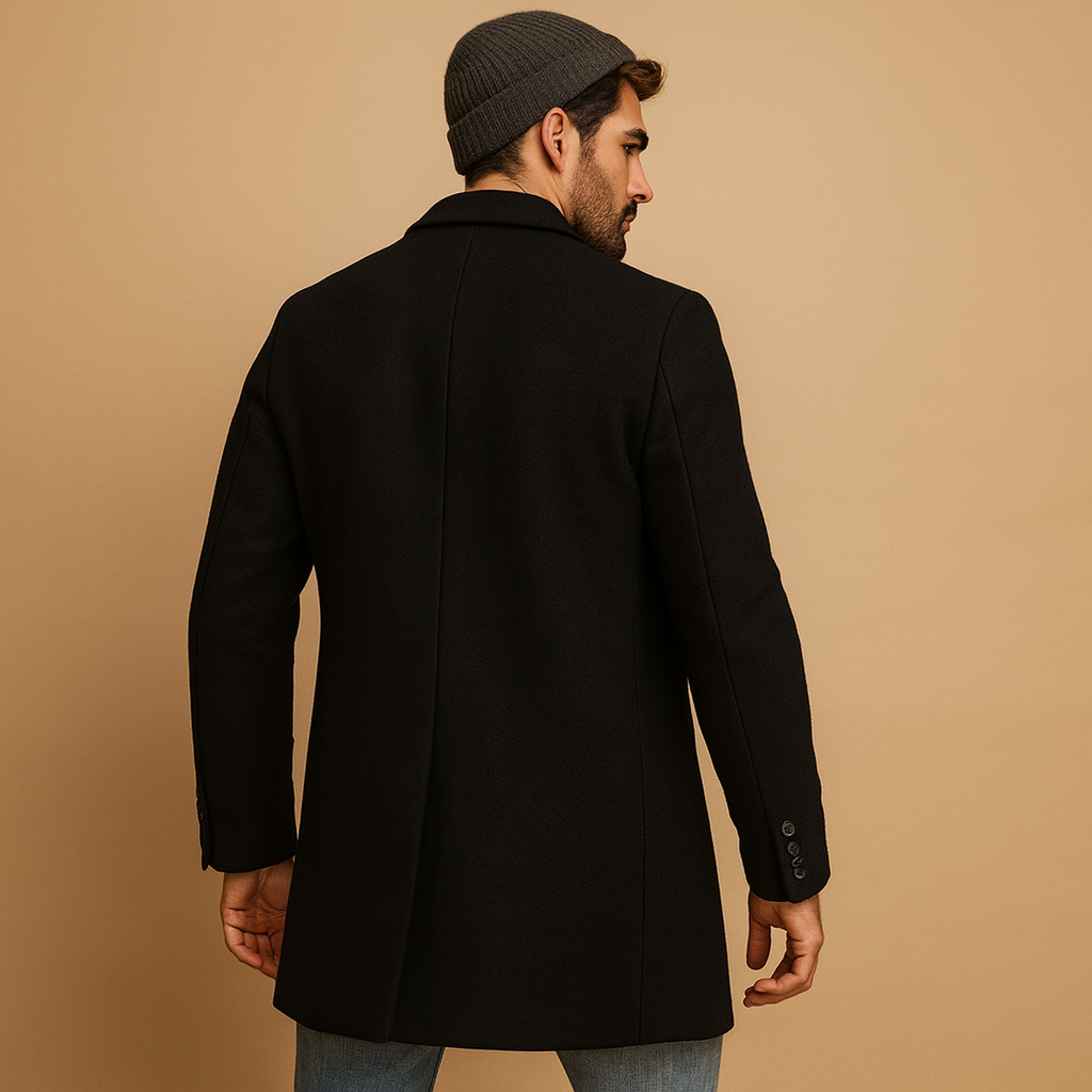 Warm overcoat for men with a relaxed fit and elegant design, offering insulating comfort for autumn and winter wear.