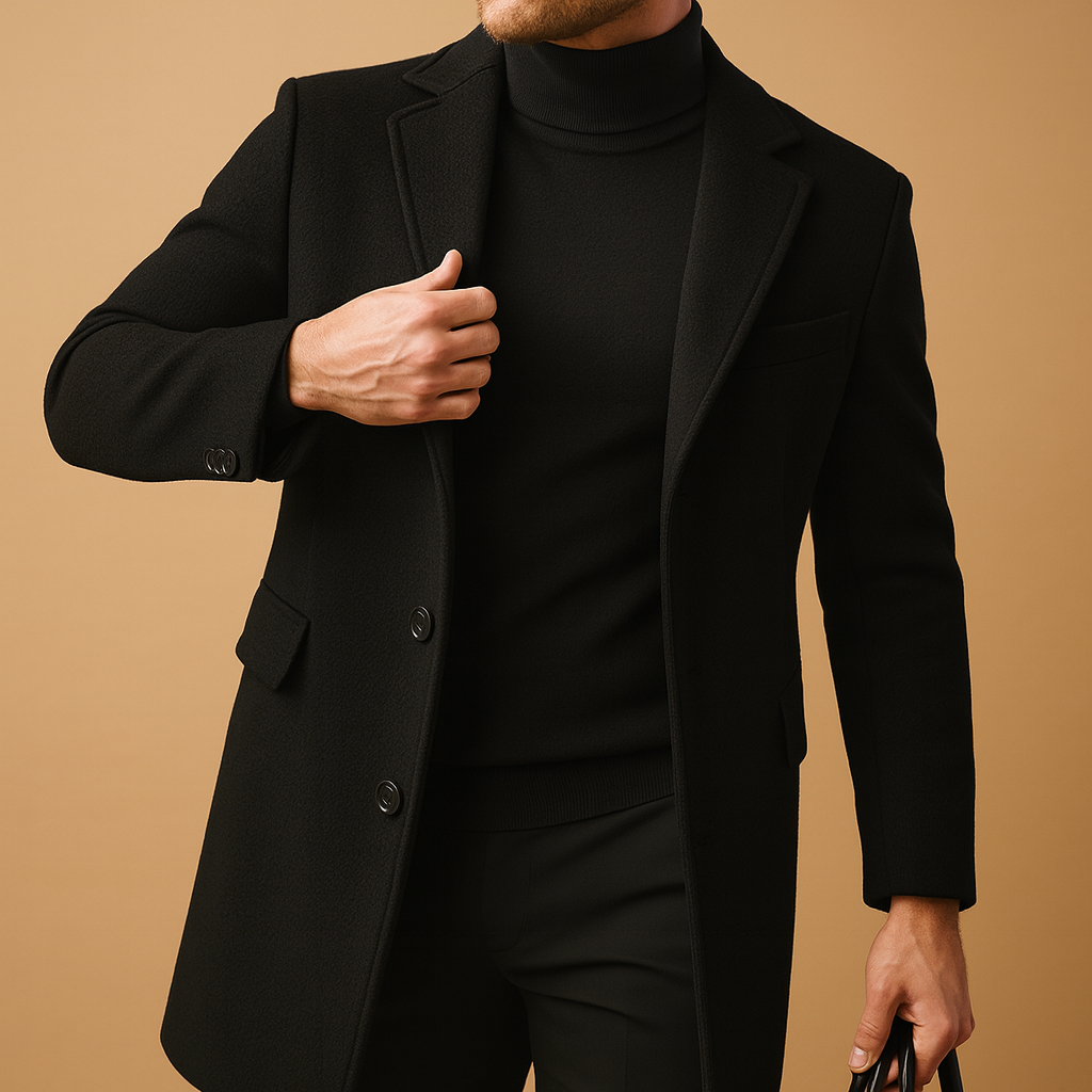 Warm overcoat for men with a relaxed fit and elegant design, offering insulating comfort for autumn and winter wear.
