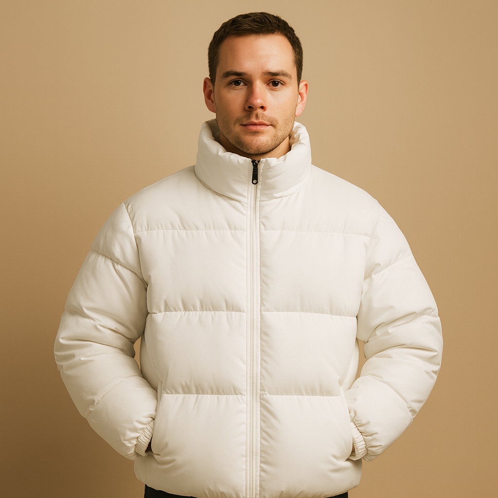Warm winter jacket for men with premium insulation, high collar, and a sleek silhouette, designed for cold days and stylish winter wear.