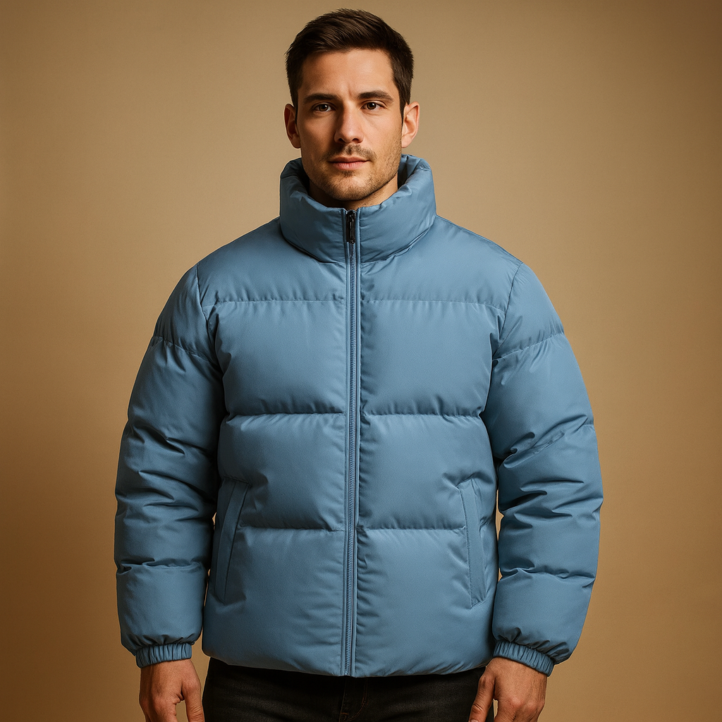 Warm winter jacket for men with premium insulation, high collar, and a sleek silhouette, designed for cold days and stylish winter wear.