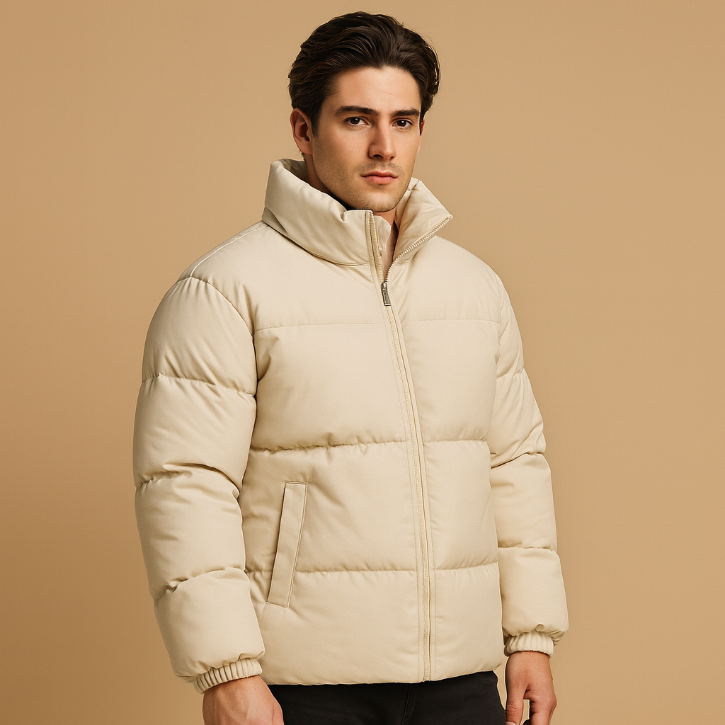 Warm winter jacket for men with premium insulation, high collar, and a sleek silhouette, designed for cold days and stylish winter wear.