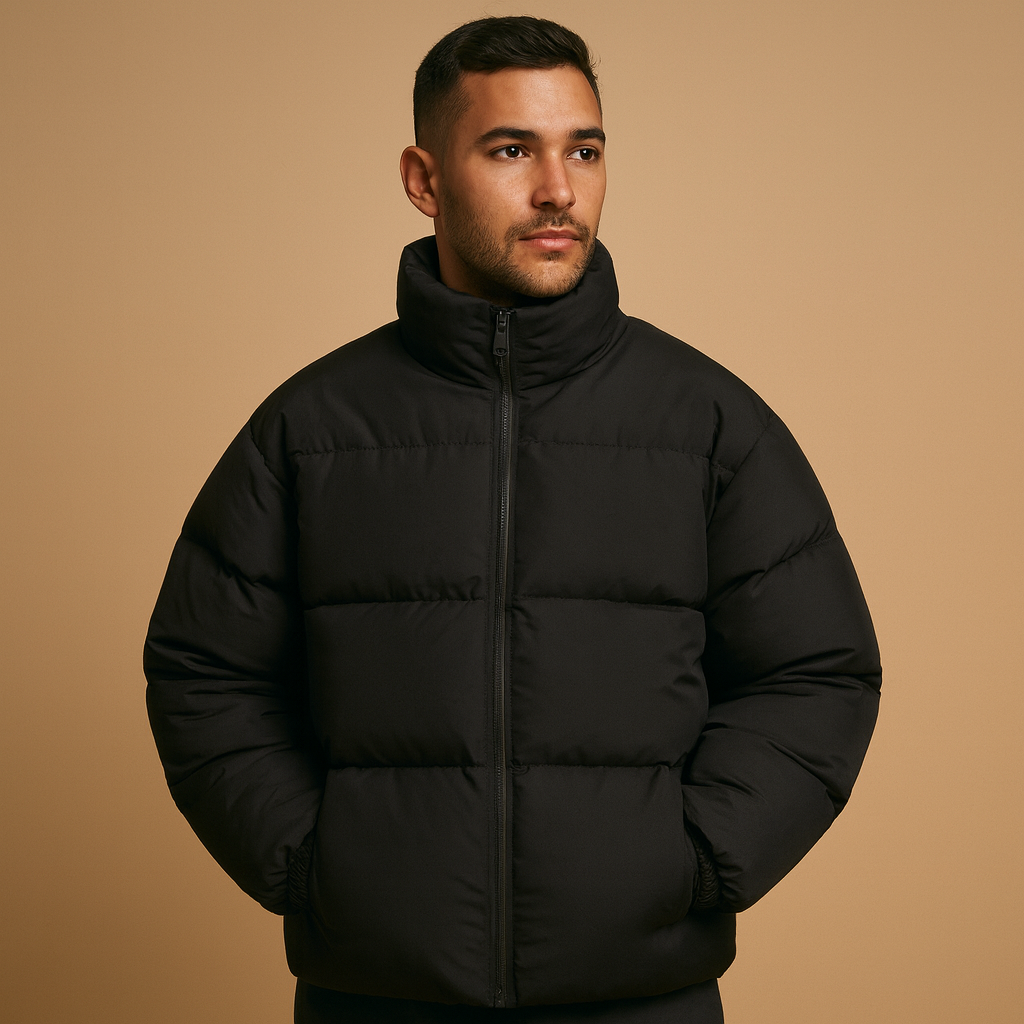 Warm winter jacket for men with premium insulation, high collar, and a sleek silhouette, designed for cold days and stylish winter wear.