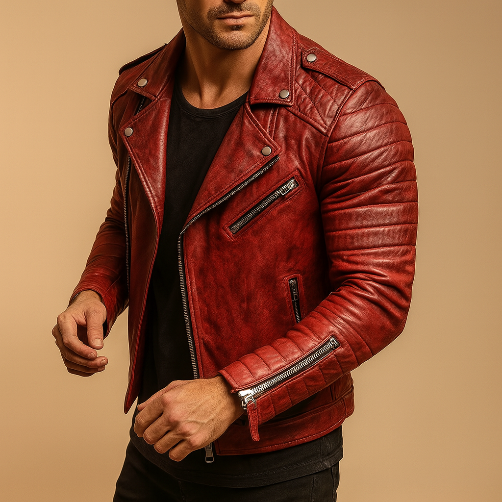 Waterproof biker jacket for men with a modern design, soft inner lining, and wind-resistant protection for cold and rainy weather.