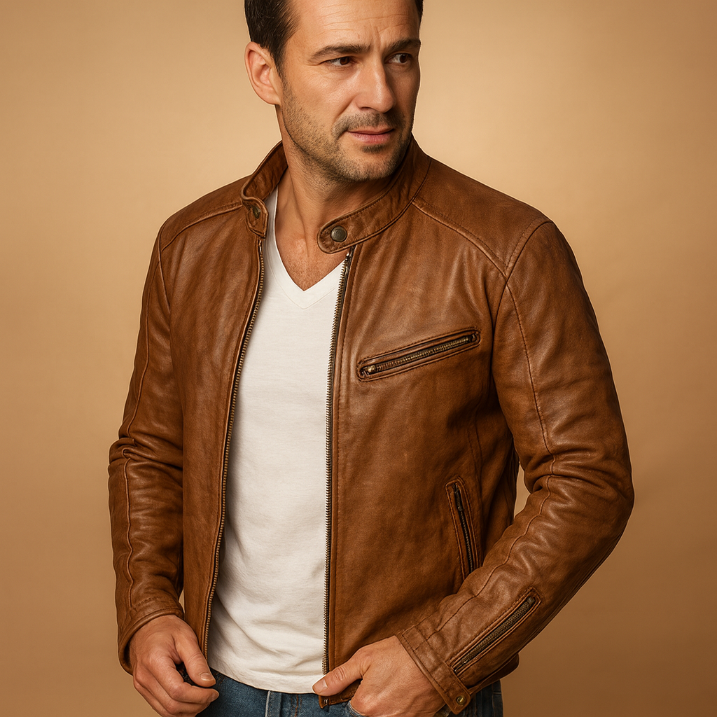 Waterproof biker jacket for men with a slim fit, zip closure, and breathable design, ideal for daily wear in autumn and winter.