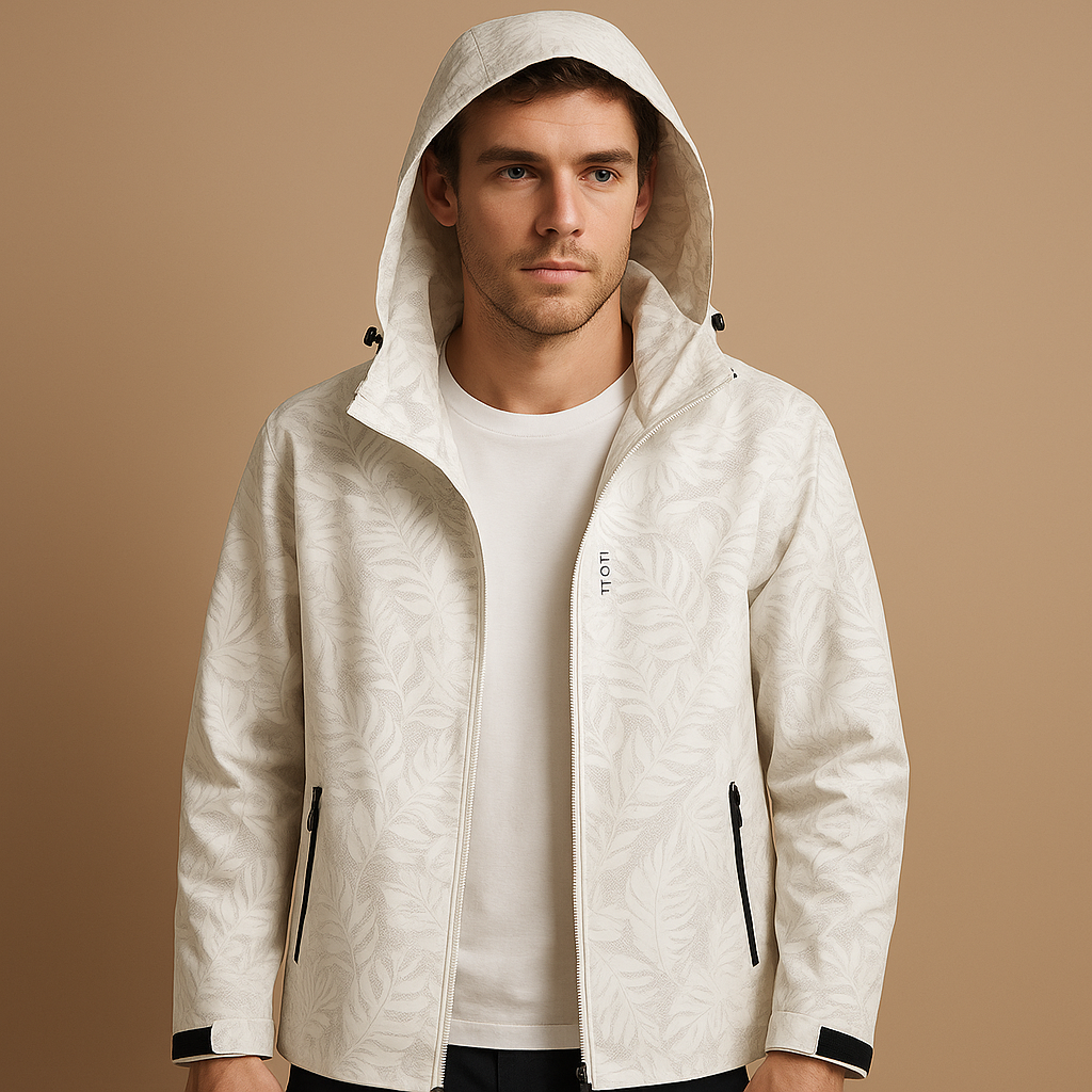 Men’s waterproof jacket with breathable design, adjustable hood, and zip pockets, suitable for outdoor activities, commuting, and daily wear.