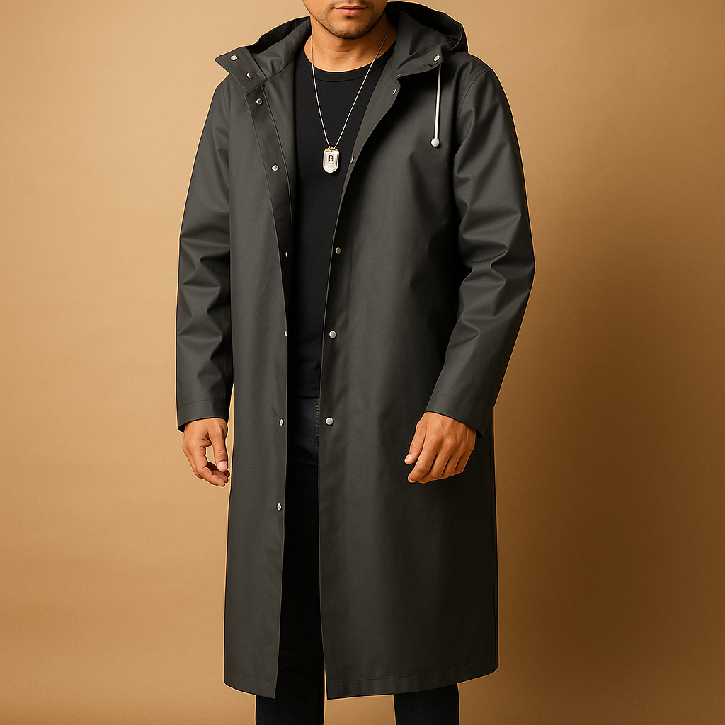 Waterproof long raincoat for men in black with a comfortable fit and full-length design, suitable for walking, camping, and outdoor activities in rainy weather.
