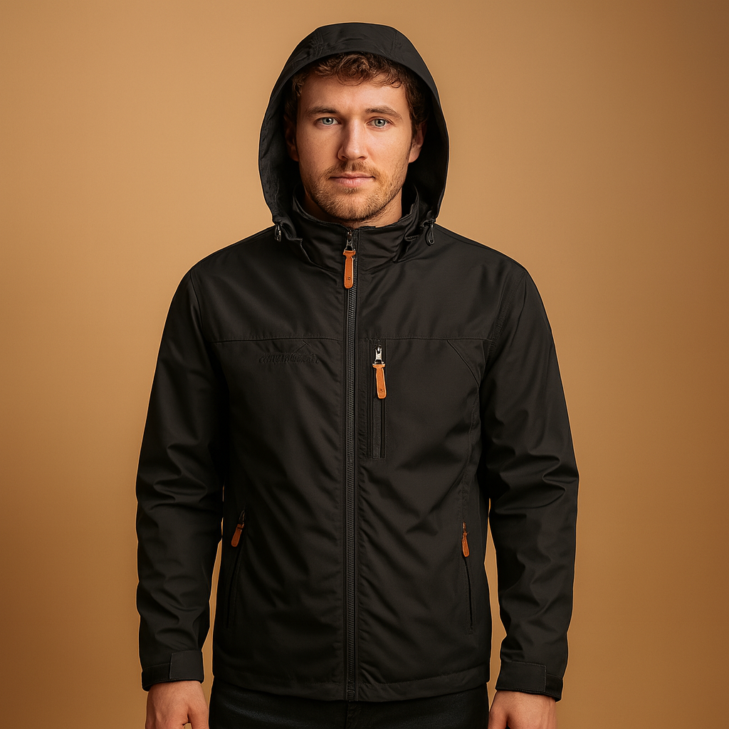Waterproof rain jacket for men with adjustable hood and lightweight design, suitable for daily wear, city walks, and outdoor adventures in wet weather.