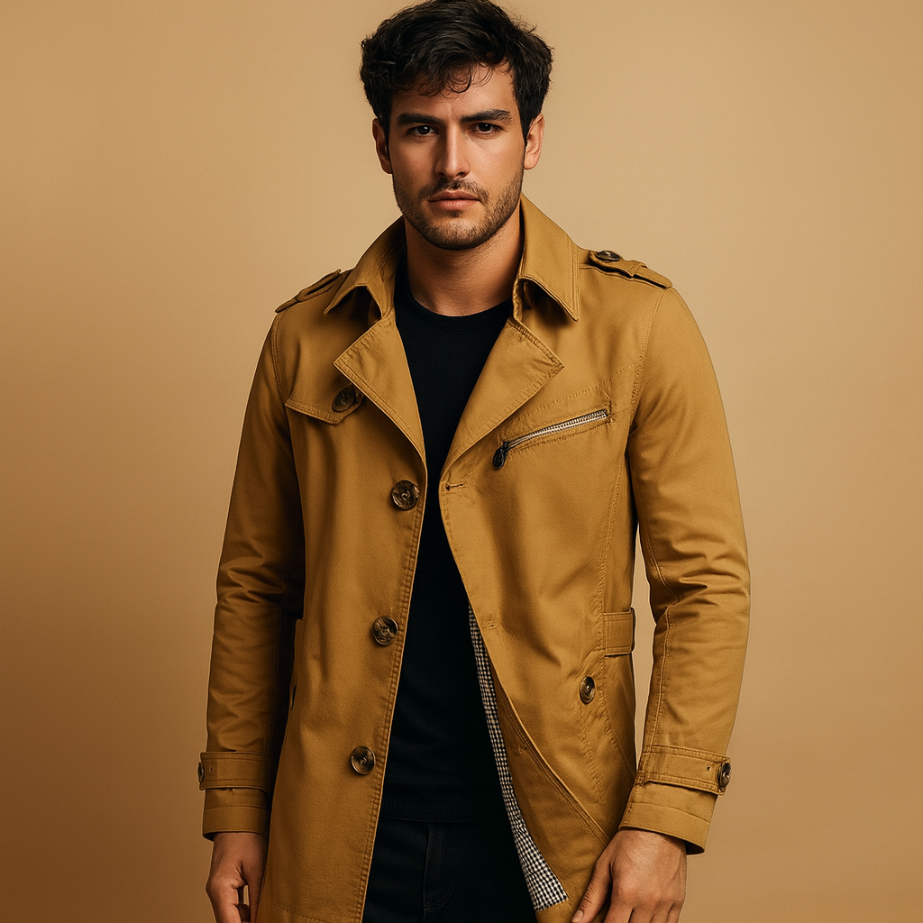 Men’s waterproof trench coat with a classic double breasted design, suitable for work, formal occasions, and everyday wear in all seasons.