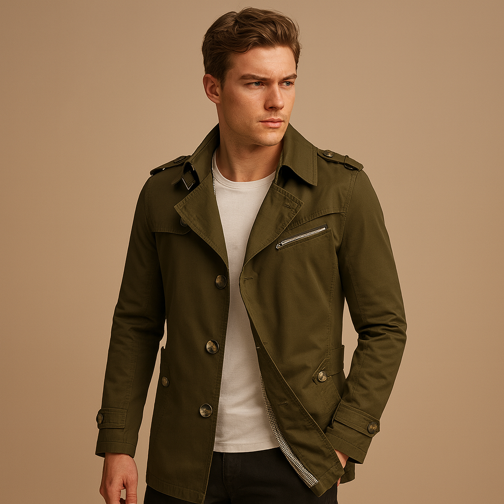 Men’s waterproof trench coat with a classic double breasted design, suitable for work, formal occasions, and everyday wear in all seasons.