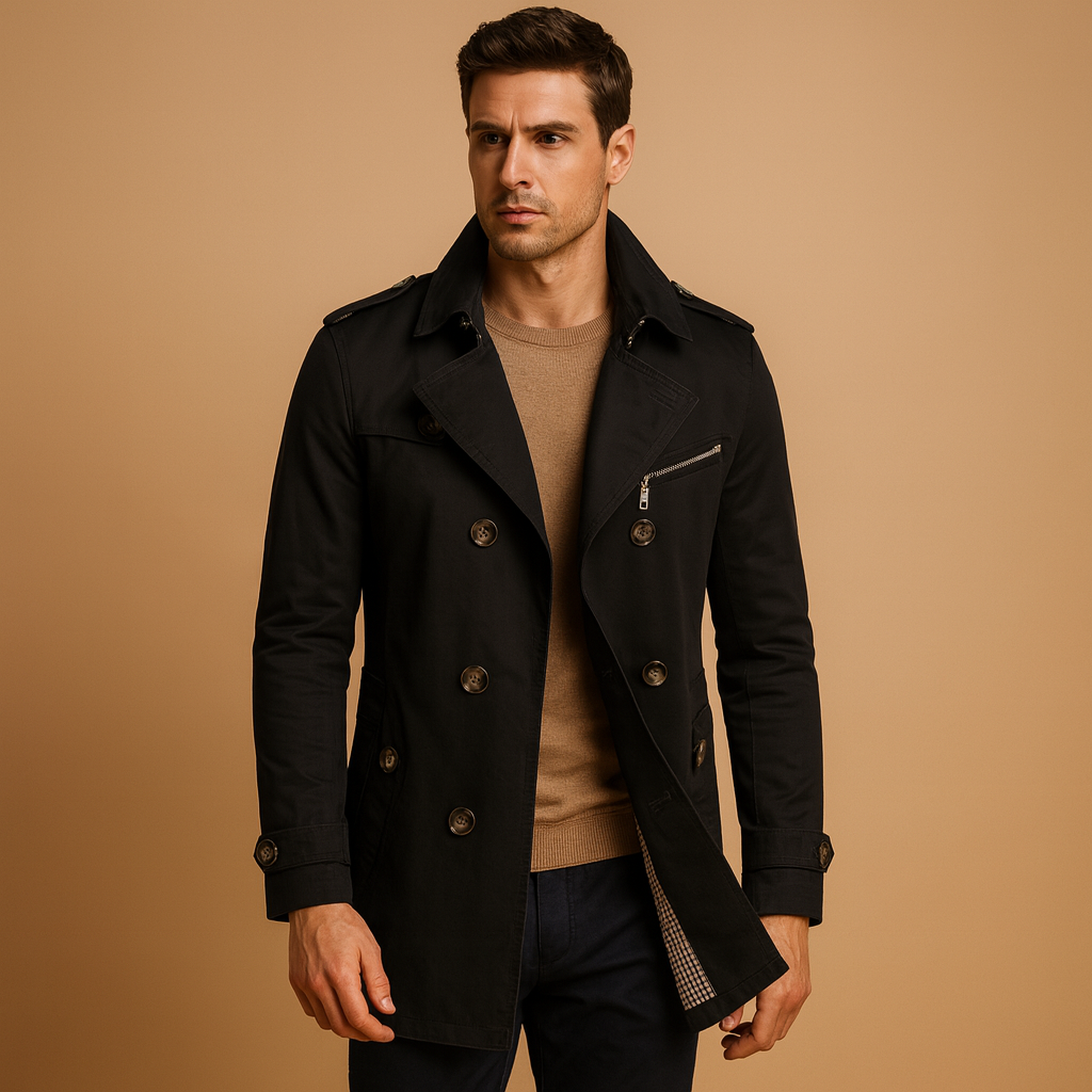 Men’s waterproof trench coat with a classic double breasted design, suitable for work, formal occasions, and everyday wear in all seasons.