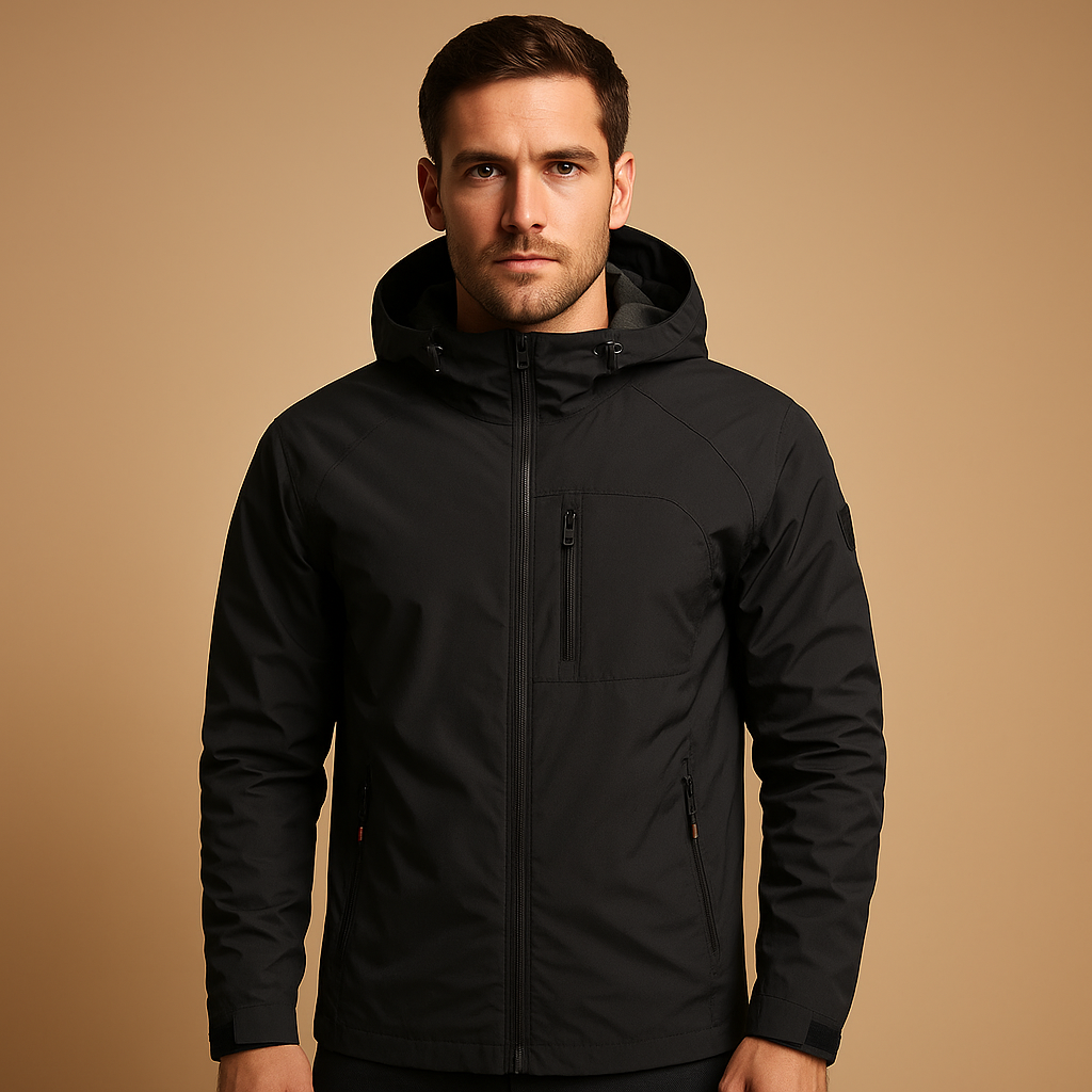 Men’s waterproof and breathable windbreaker with lightweight design and zip pockets, suitable for outdoor activities, sports, and everyday wear.