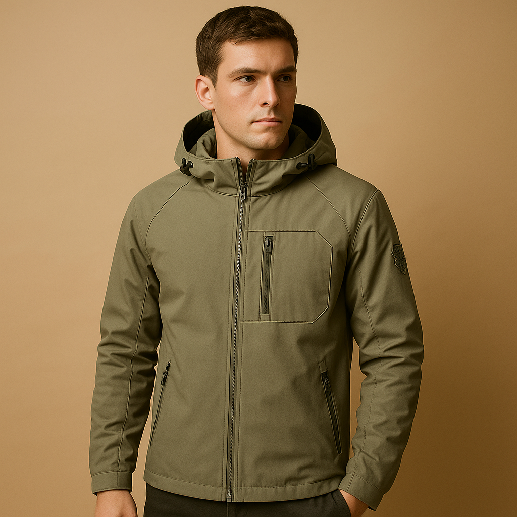 Men’s waterproof and breathable windbreaker with lightweight design and zip pockets, suitable for outdoor activities, sports, and everyday wear.