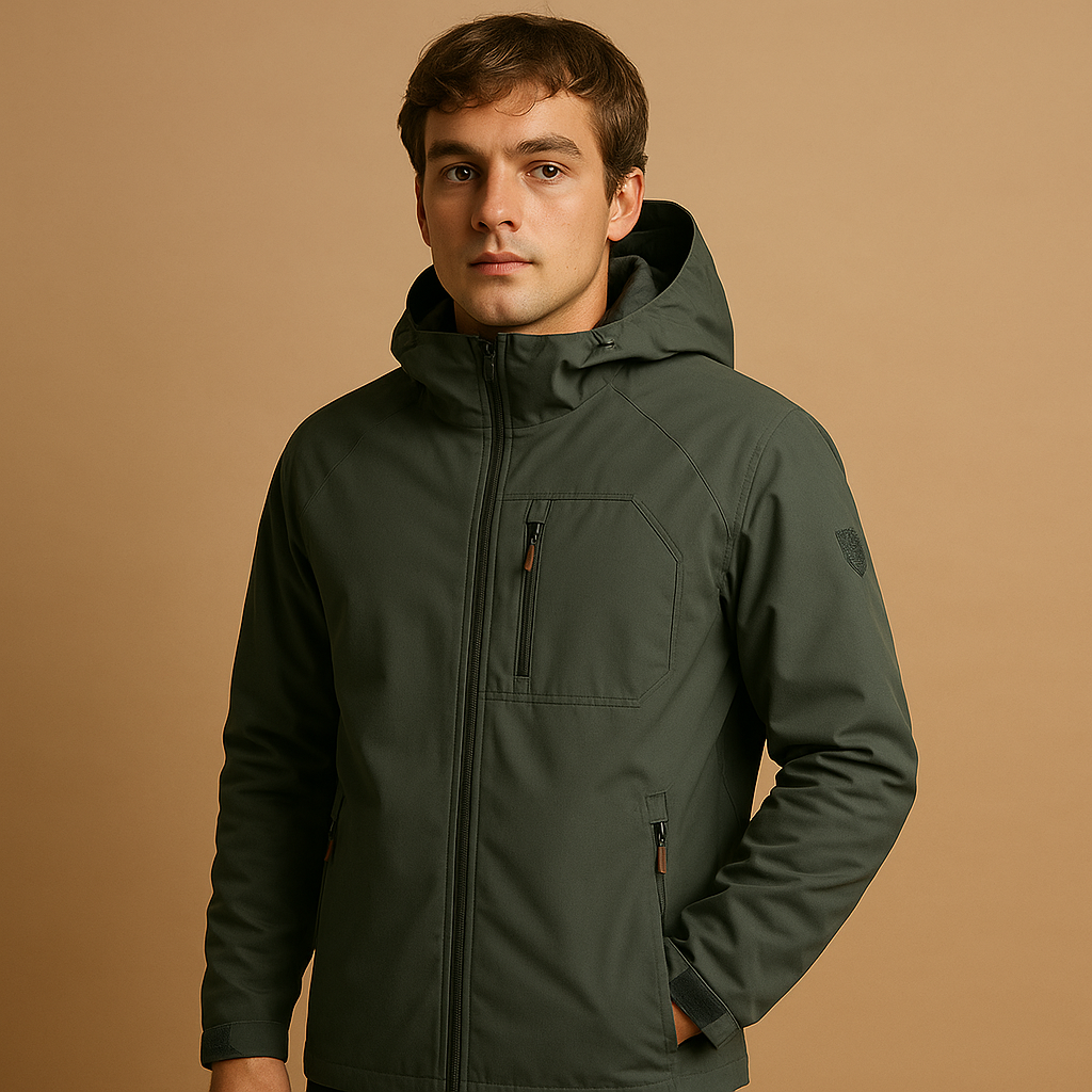 Men’s waterproof and breathable windbreaker with lightweight design and zip pockets, suitable for outdoor activities, sports, and everyday wear.