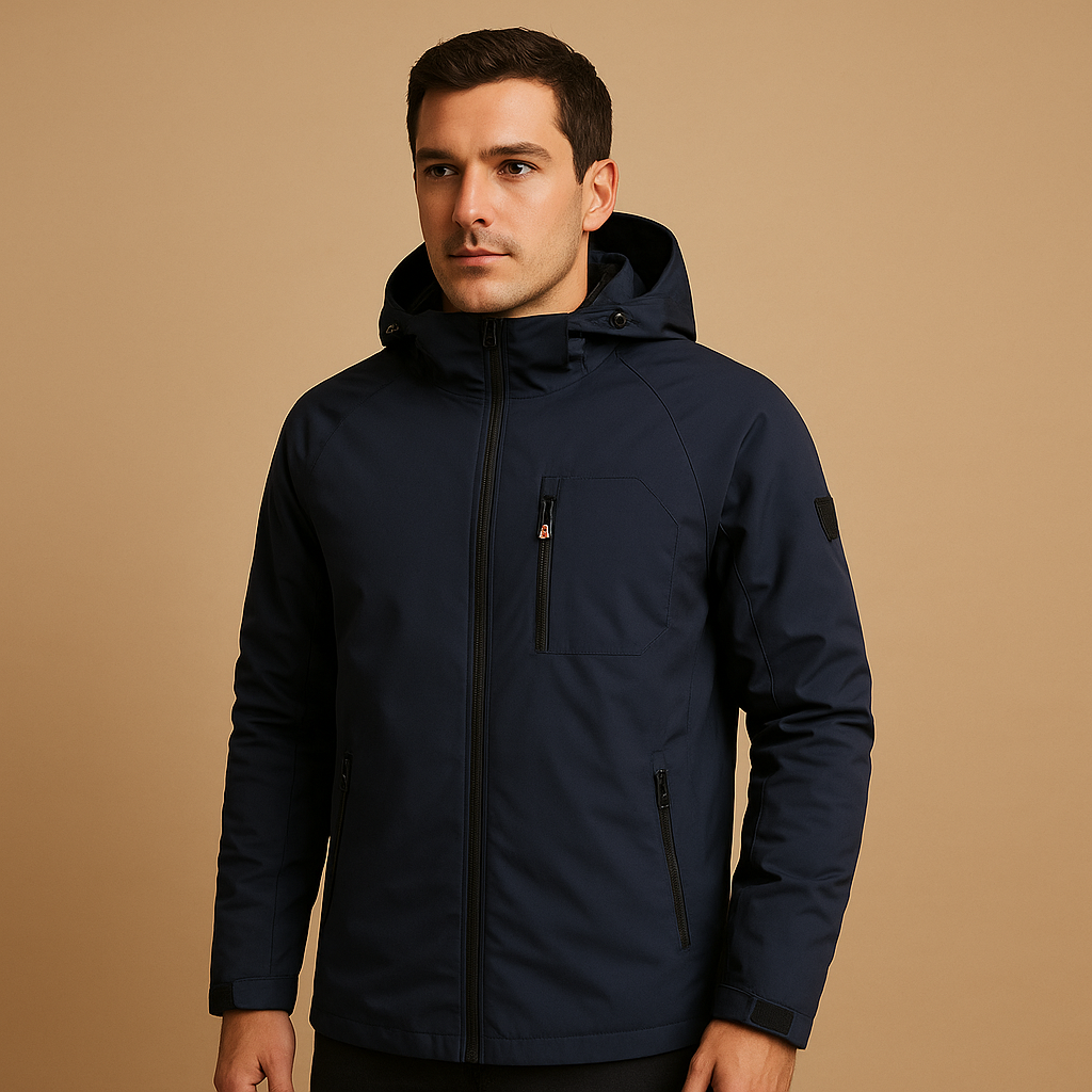 Men’s waterproof and breathable windbreaker with lightweight design and zip pockets, suitable for outdoor activities, sports, and everyday wear.