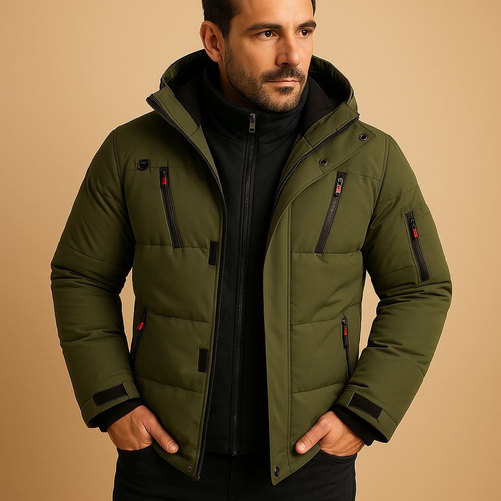 Waterproof winter jacket for men with insulating lining, adjustable hood, and practical pockets, suitable for cold and rainy outdoor use.