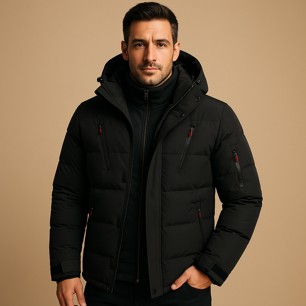 Waterproof winter jacket for men with insulating lining, adjustable hood, and practical pockets, suitable for cold and rainy outdoor use.