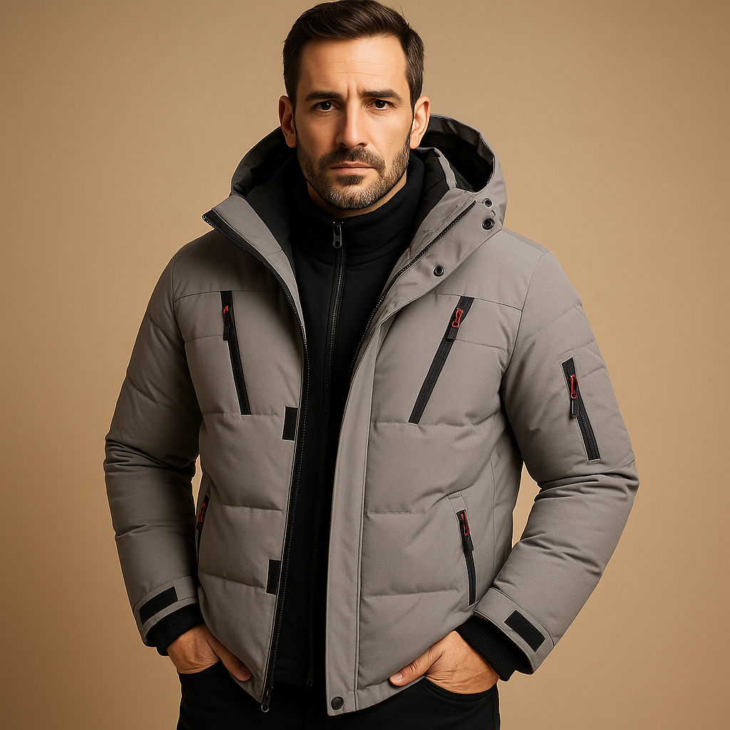 Waterproof winter jacket for men with insulating lining, adjustable hood, and practical pockets, suitable for cold and rainy outdoor use.