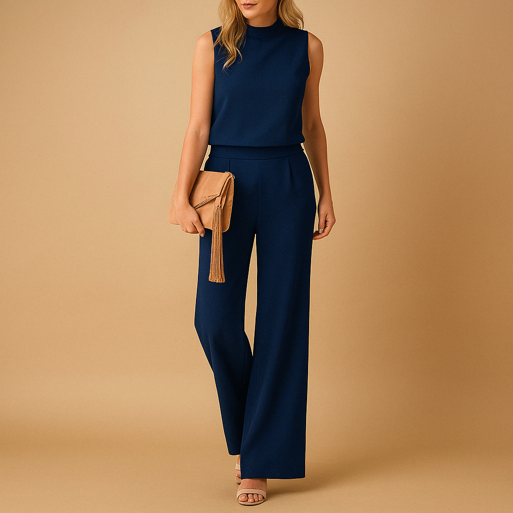 Wide leg jumpsuit for women with a round neck and mid-waist fit, suitable for work, evenings out, and special occasions.