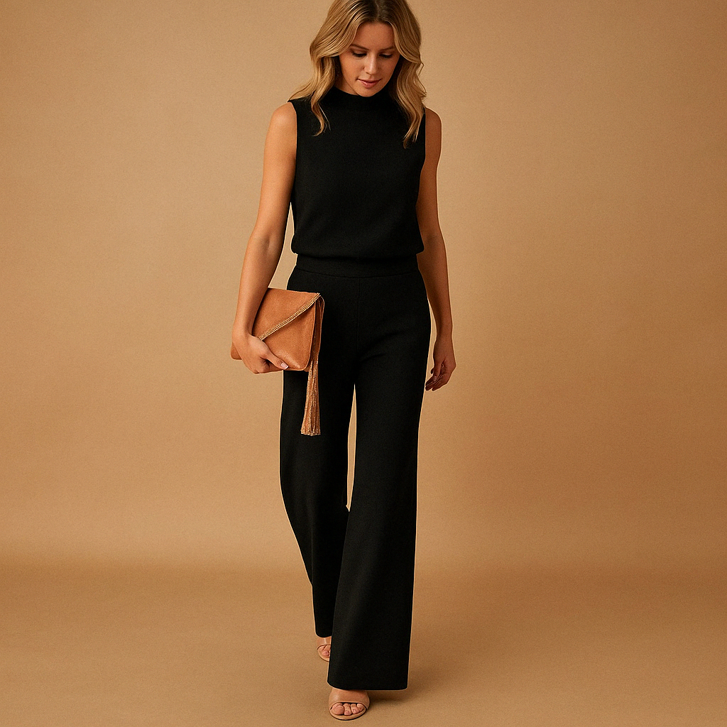 Wide leg jumpsuit for women with a round neck and mid-waist fit, suitable for work, evenings out, and special occasions.