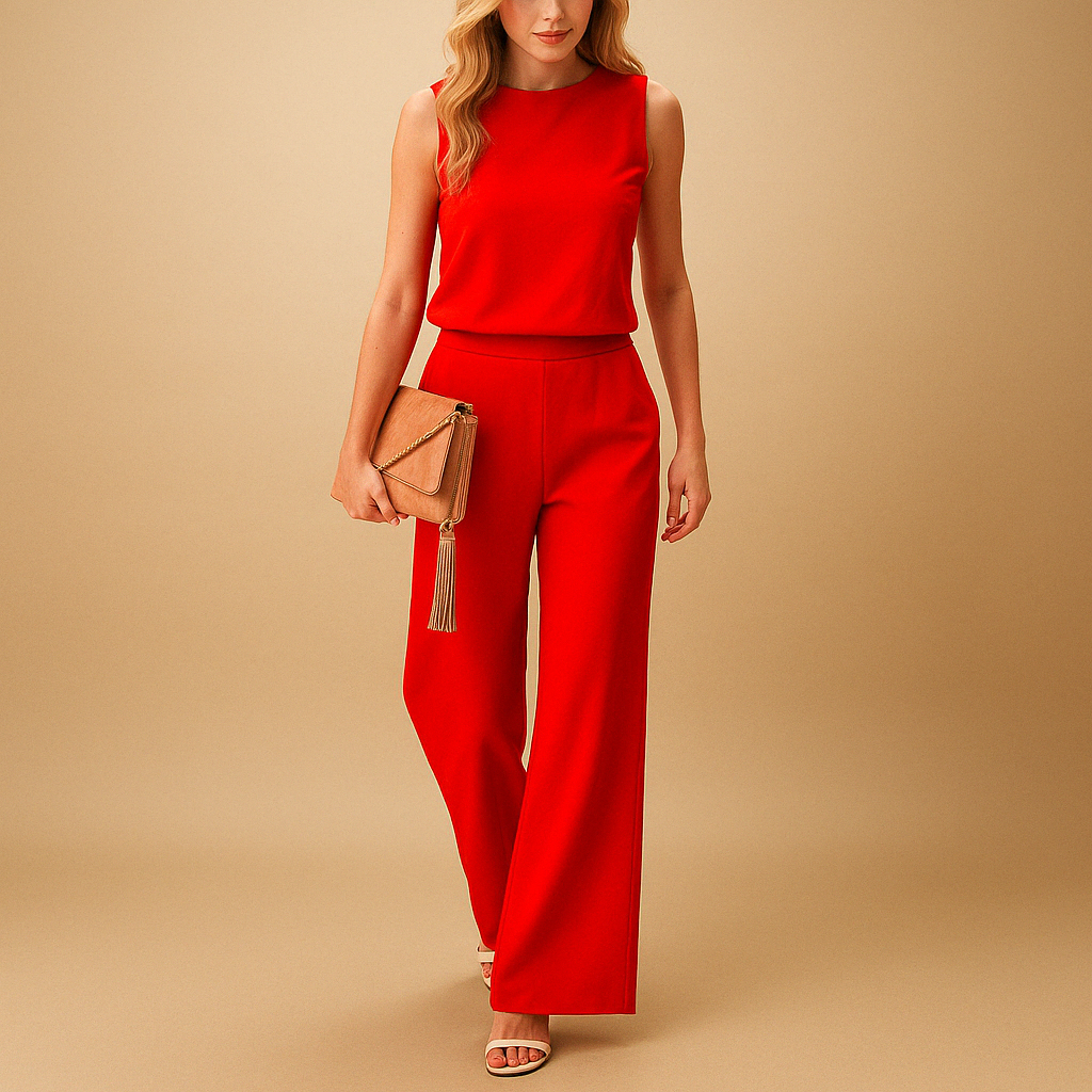 Wide leg jumpsuit for women with a round neck and mid-waist fit, suitable for work, evenings out, and special occasions.