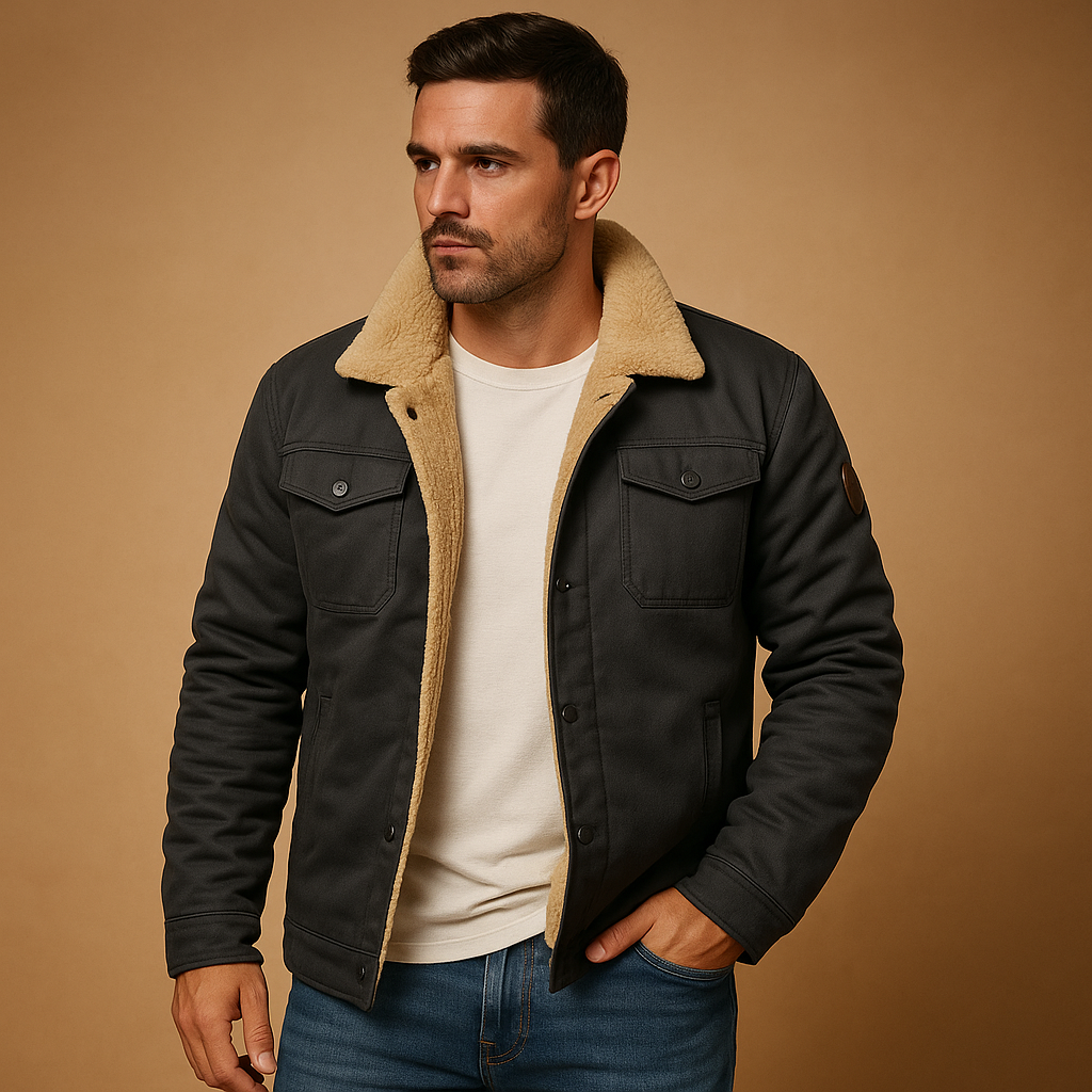 Winter bomber jacket for men with ribbed cuffs and hem, insulating lining, and classic bomber design for cold-weather casual wear.
