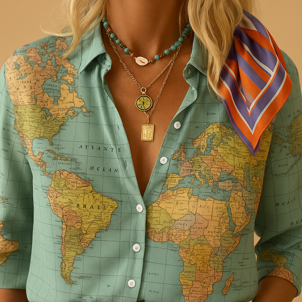 Women’s green world map print blouse with half button closure and lightweight fit, ideal for travel, casual wear, or a stylish office outfit.