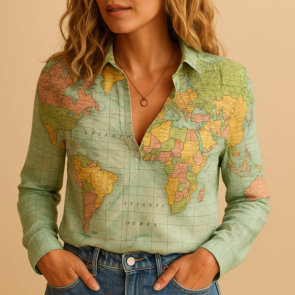 Women’s green world map print blouse with half button closure and lightweight fit, ideal for travel, casual wear, or a stylish office outfit.