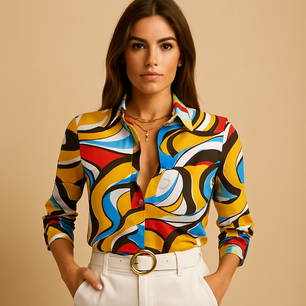 Women’s wrap neck printed blouse with loose fit and striking design, ideal for office wear, dinner outings, and smart casual occasions.