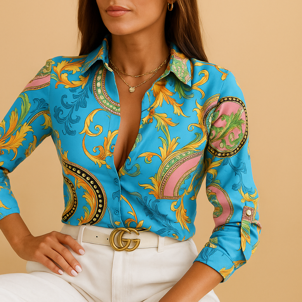 Women’s wrap neck printed blouse with loose fit and striking design, ideal for office wear, dinner outings, and smart casual occasions.